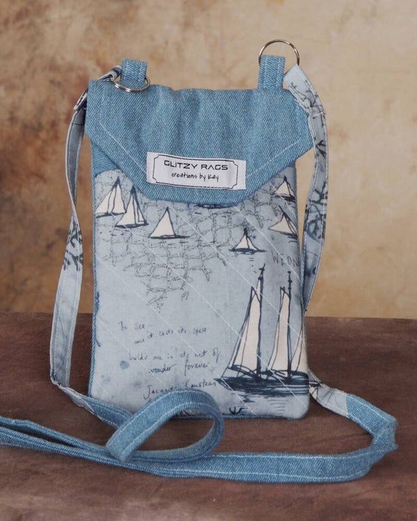 Compact CrossBody Bag - Denim & Nautical Print