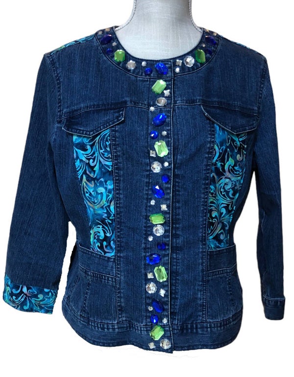 GLITZY Jeweled BATIK Fitted Denim Blazer - x Large