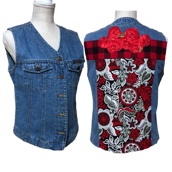 GLITZY Appliqued Roses and Buffalo Print VEST - LARGE