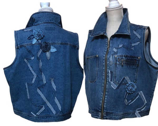 GLITZY Denim Vest with Flowers and Accents - LARGE