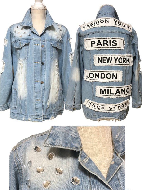 GLITZY FASHION TOUR long distressed denim coat -LARGE