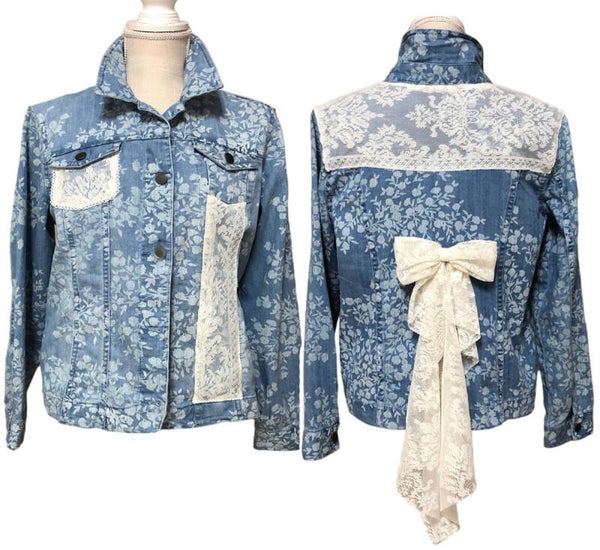 GLITZY Flowered Denim Jacket with Lace Godet