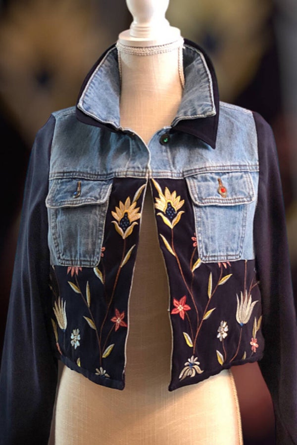 GLITZY Embroidered Navy Suede Denim Jacket - X LARGE
