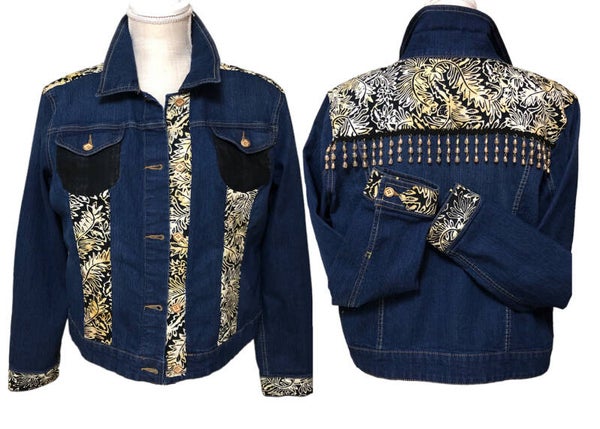 GLITZY BATIK Denim Jacket with Glass Beads - x LARGE