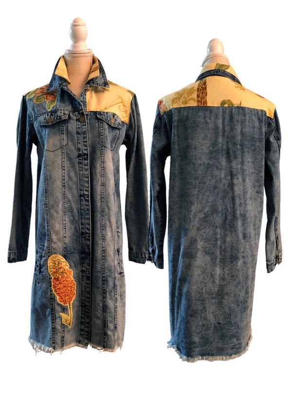 GLITZY Long Denim Coat featuring "KAUNOLU" Designer Fabric  - LARGE