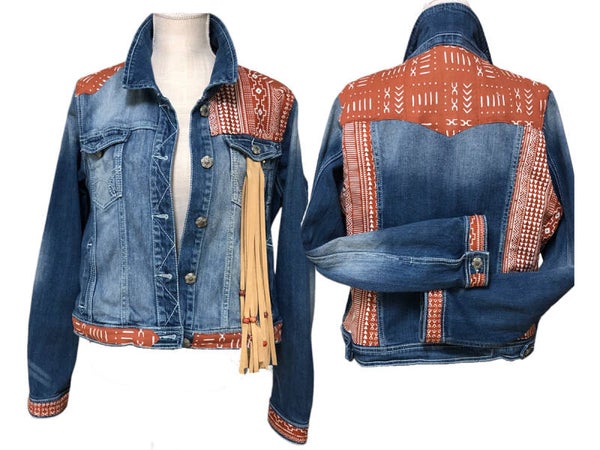 Glitzy RUSTY BOHO Denim jacket with Suede Tassels - XLARGE
