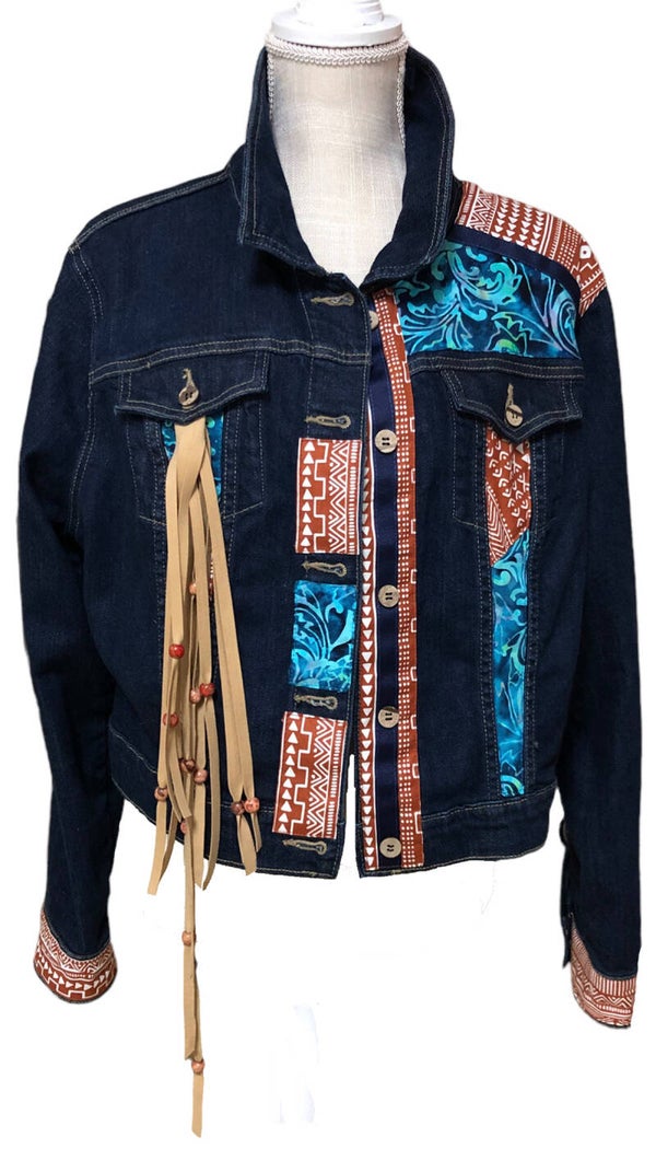 GLITZY Rusty Boho & Batik Denim Jacket with Suede Tassels - X LARGE