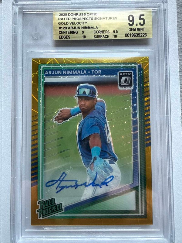 2025 Donruss Optic Arjun Nimmala Rated Prospect Signatures Gold Velocity #129 BGS 9.5 Gem Mint