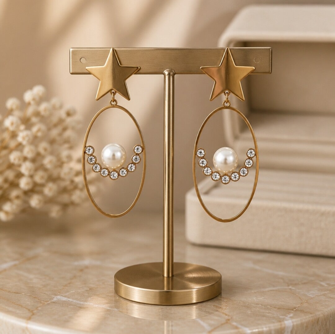 Pendientes Perl Star de Acero Quirúrgico Chapados en Oro 18K con Perla y Circonitas