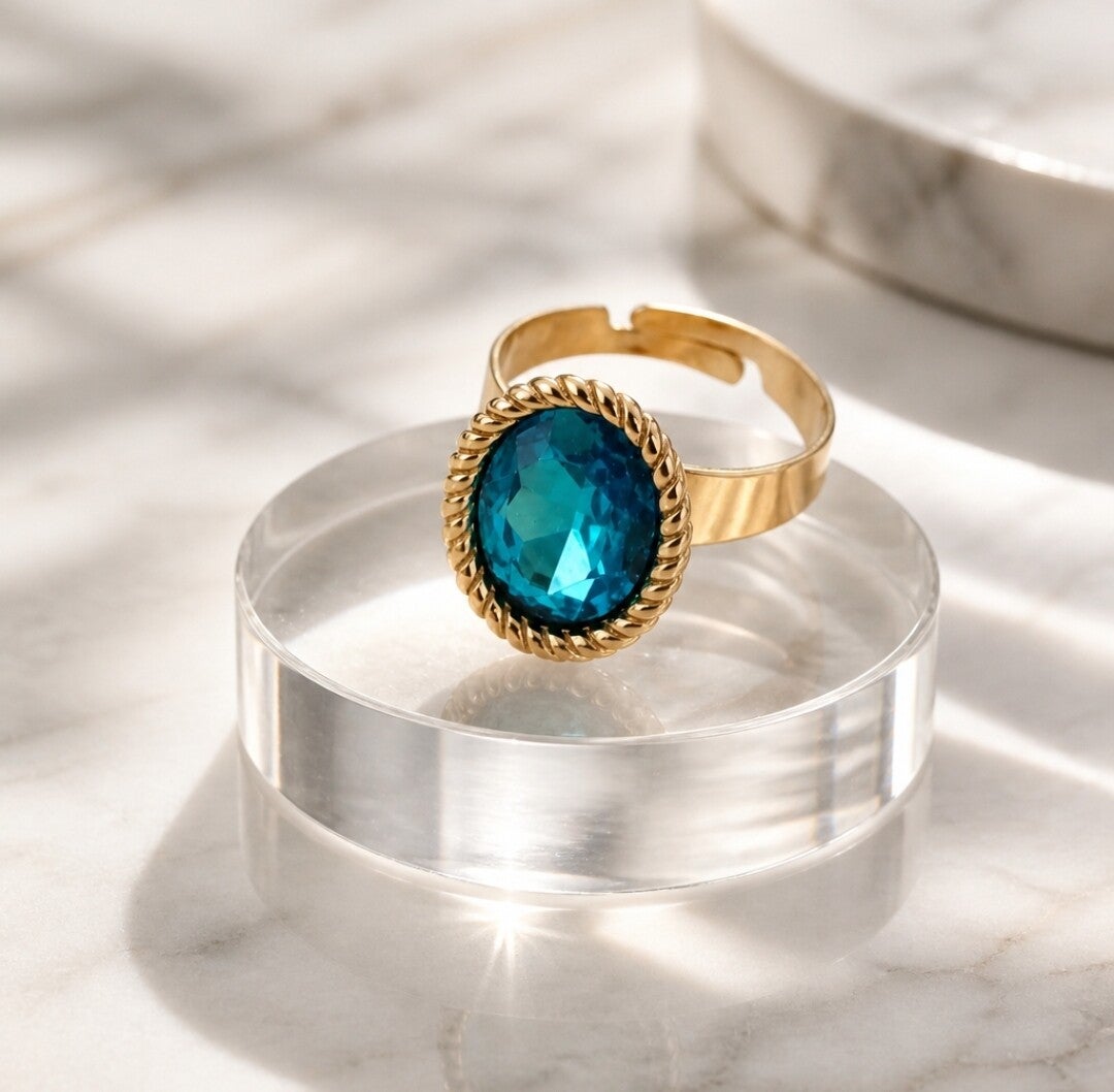 Anillo Ajustable Vintage Azul Turquesa en Acero Quirúrgico y Oro 18k