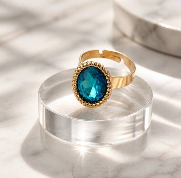 Anillo Ajustable Vintage Azul Turquesa en Acero Quirúrgico y Oro 18k