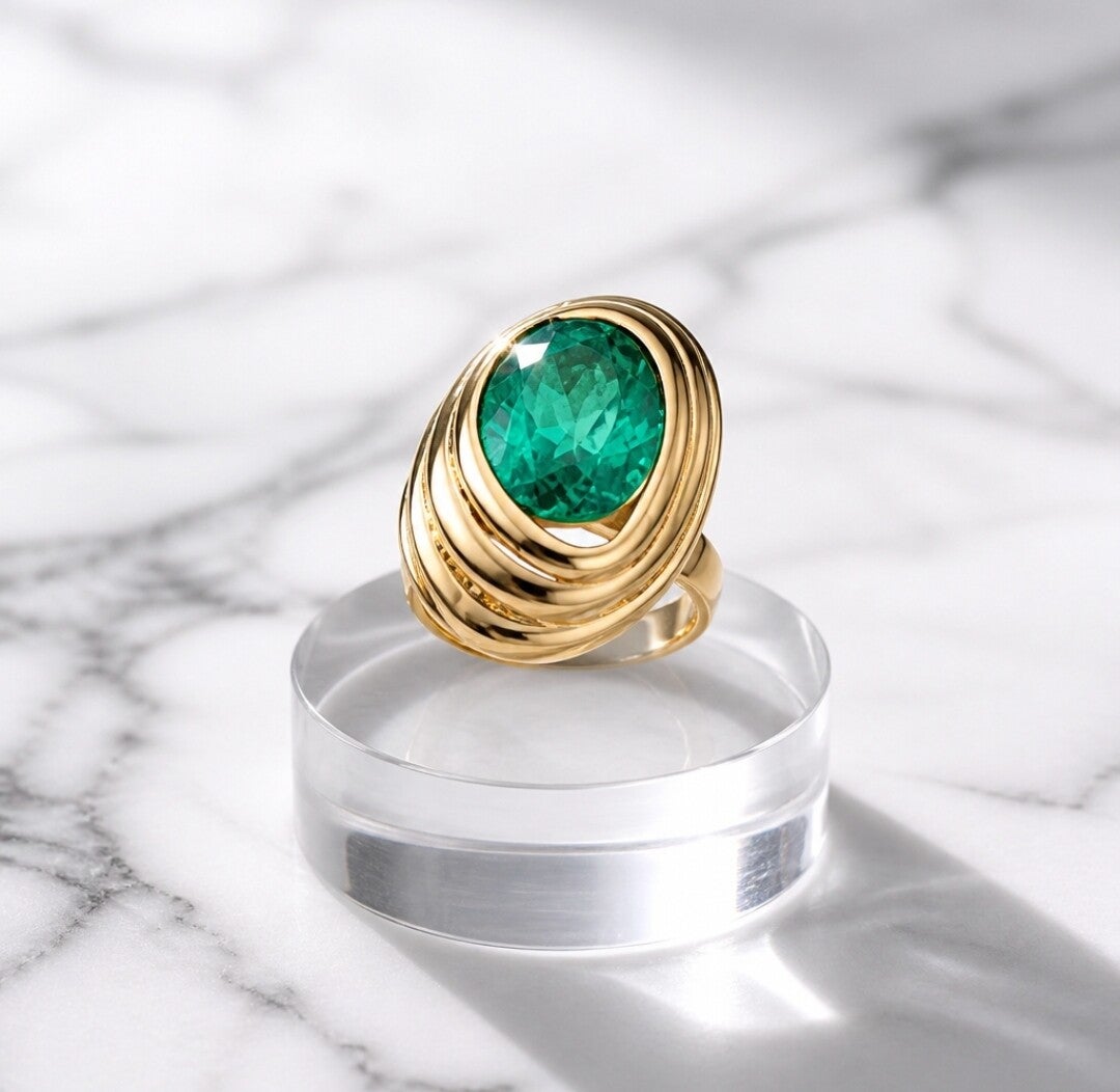 Anillo de Acero Quirúrgico Dorado con Cristal Esmeralda Ovalado y Diseño de Ondas