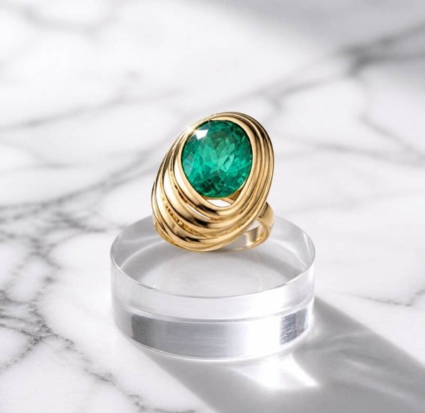 Anillo de Acero Quirúrgico Dorado con Cristal Esmeralda Ovalado y Diseño de Ondas