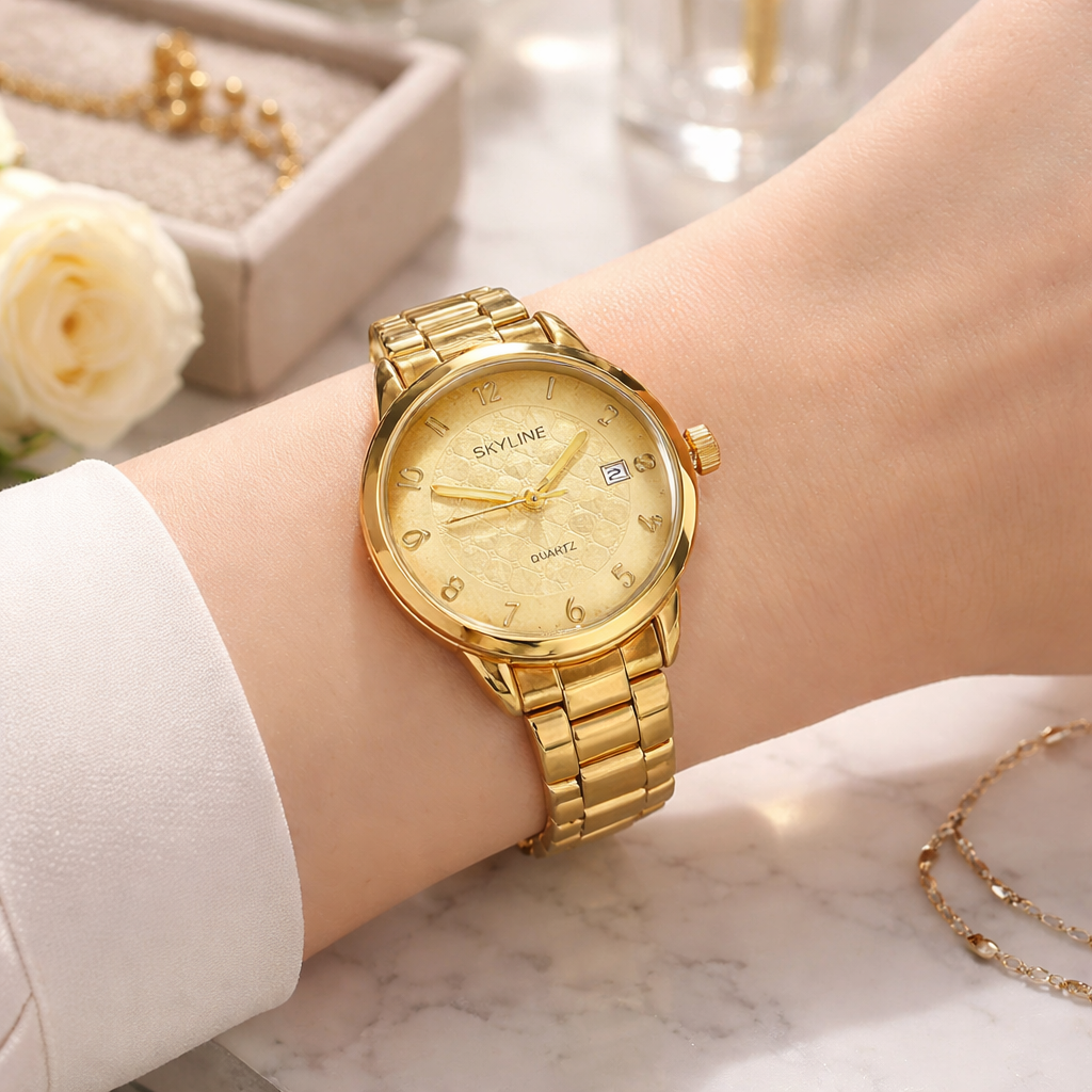 Reloj mujer acero dorado skayline esfera negra 