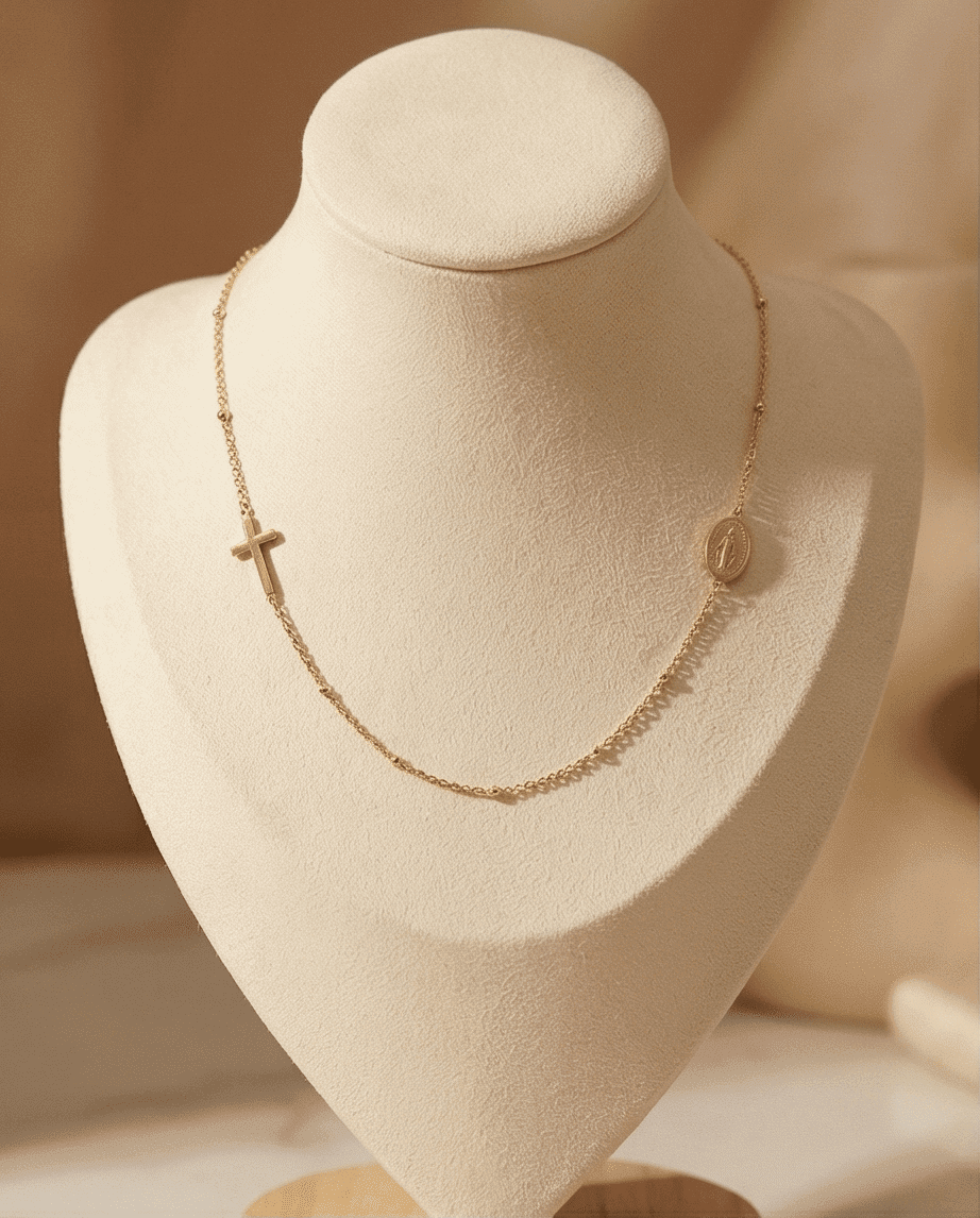 Collar Cruz y Medalla Milagrosa - Acero Quirúrgico Chapado en Oro 18K