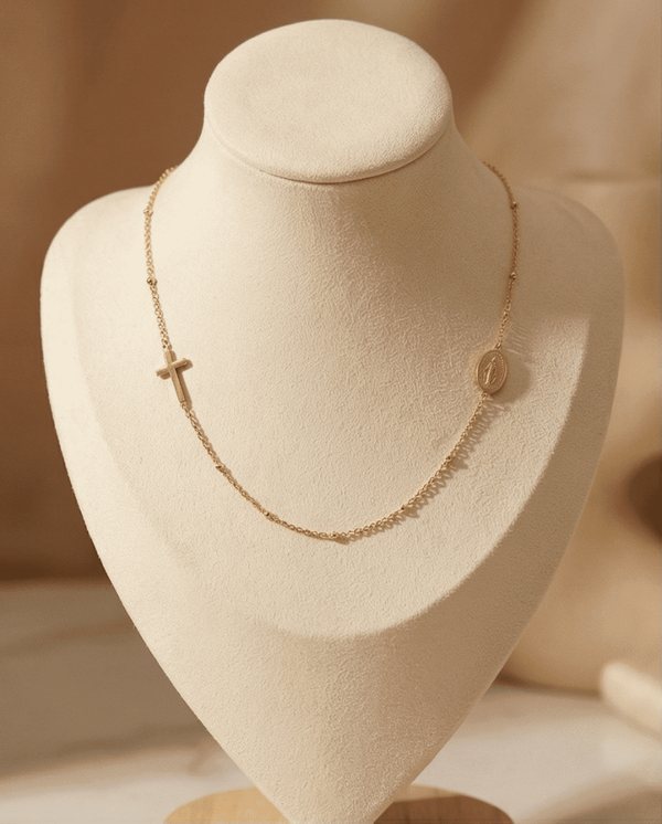 Collar Cruz y Medalla Milagrosa - Acero Quirúrgico Chapado en Oro 18K