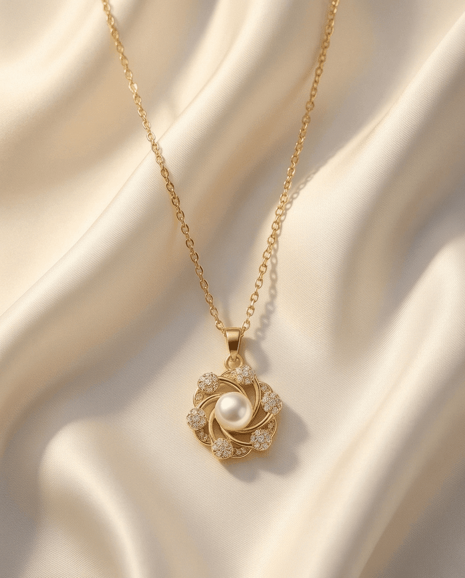 Collar de Perla y Circonitas en Acero Chapado en Oro 18K - Diseño Floral