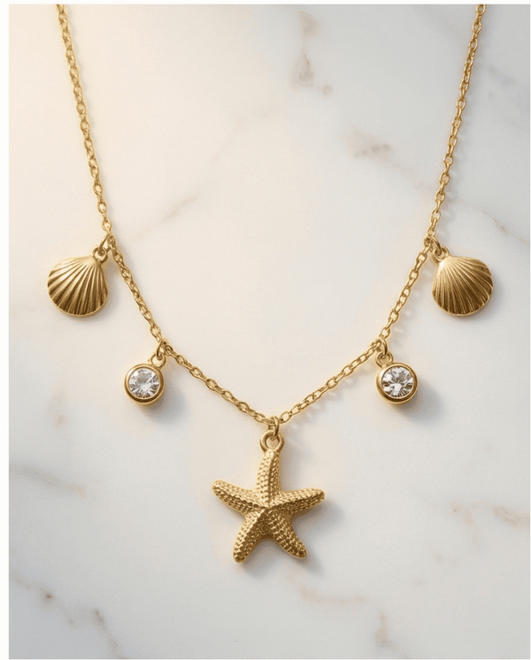 Collar Estrella de Mar con Conchas y Circonitas - Chapado en Oro 18klt