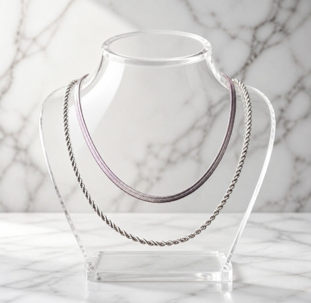 Collar Doble Capa Serpiente Plana y Cordón Salomónico – Acero Quirúrgico 316L