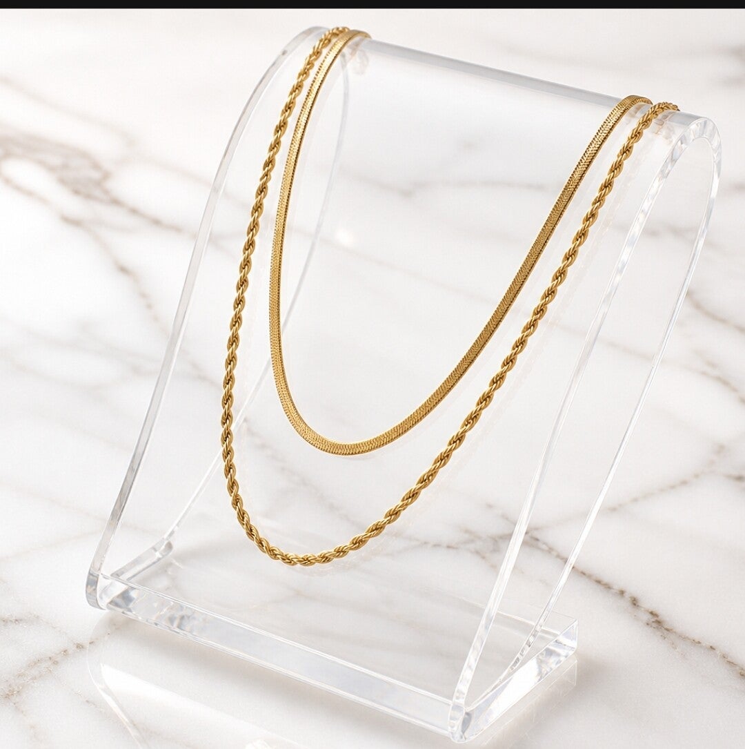 Collar Doble Snake & Cordón Salomón – Acero Quirúrgico Chapado en Oro 18Klt