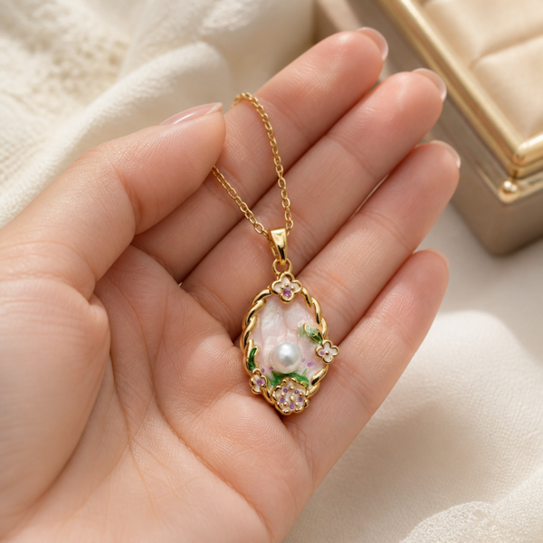 Collar Jardin Secreto Perla Esmalte Rosa - acero oro18klt