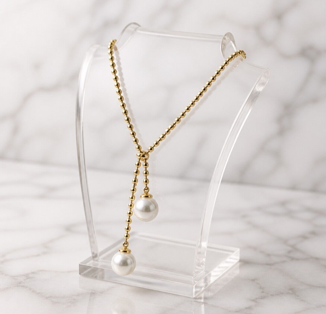 Collar Tipo Corbata Lariat de Acero Quirúrgico Chapado en Oro 18k con Dos Perlas