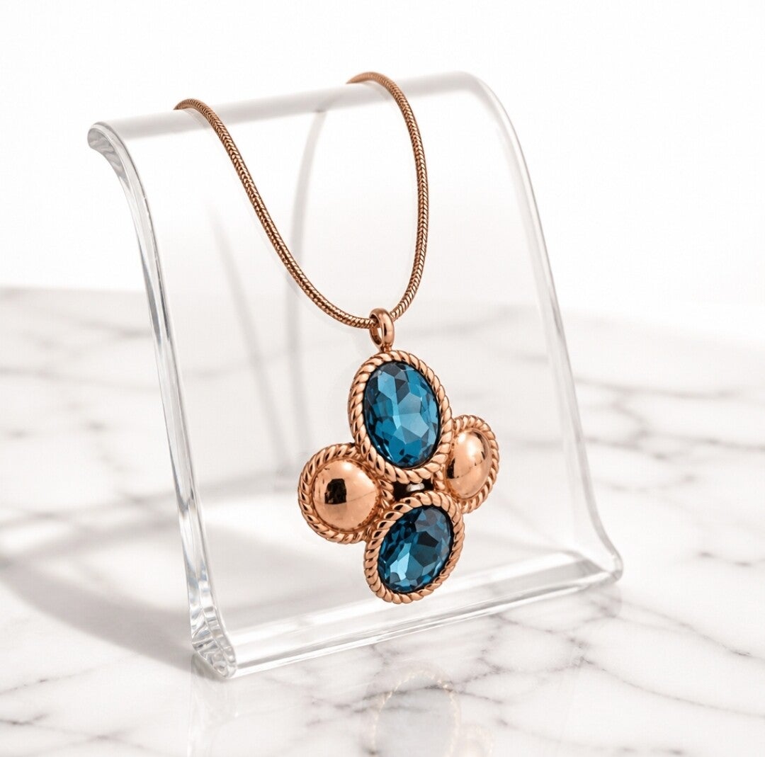 Collar Vintage Trébol Azul Real y Cadena de Serpiente – Acero-Oro 18k Alta Calidad