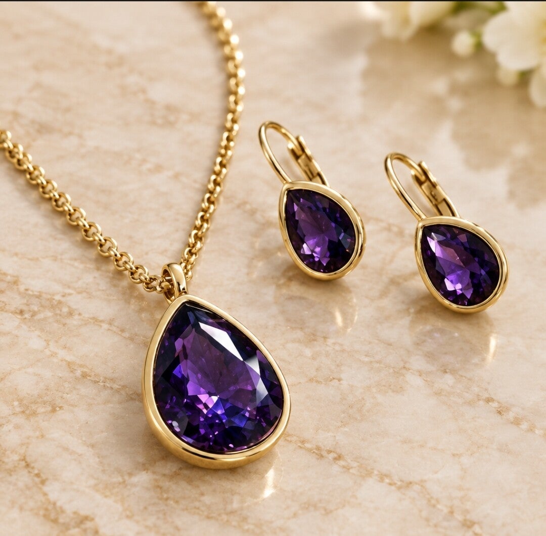 Conjunto "Amatista Lágrima Luxury" – Collar y Pendientes en Acero Quirúrgico y Oro 18Klt