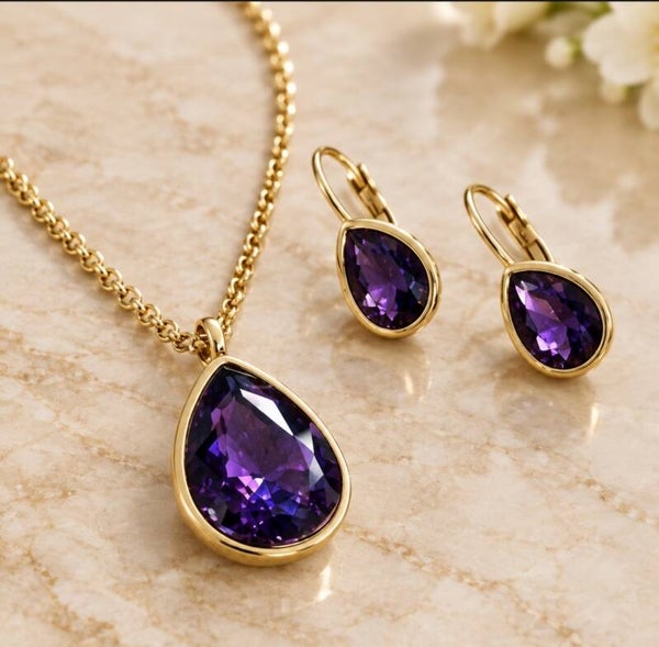 Conjunto "Amatista Lágrima Luxury" – Collar y Pendientes en Acero Quirúrgico y Oro 18Klt