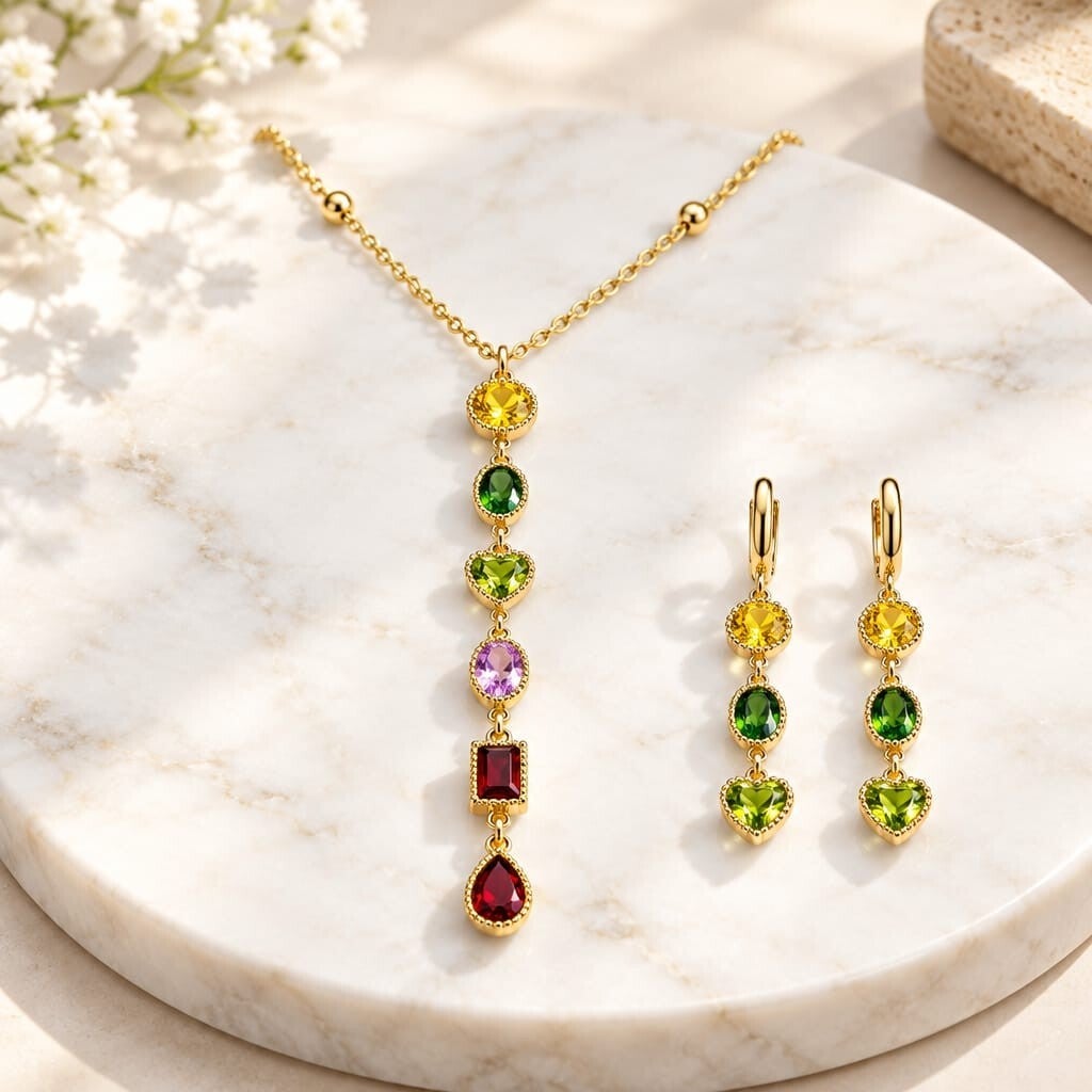 Conjunto "Arcoíris Luxury" – Collar Estilo Corbata y Pendientes Largos en Acero Quirúrgico y Oro 18K