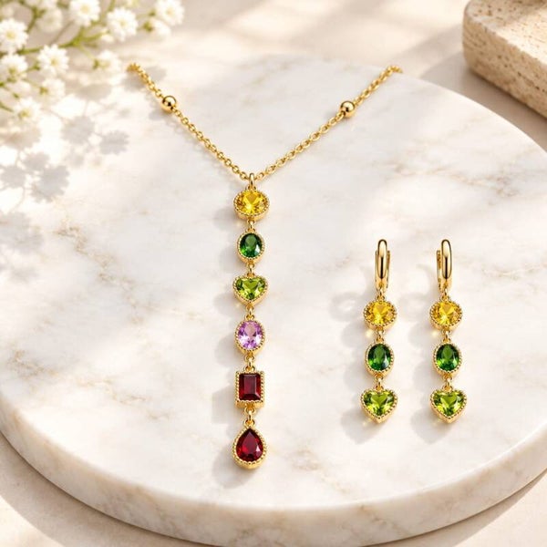 Conjunto "Arcoíris Luxury" – Collar Estilo Corbata y Pendientes Largos en Acero Quirúrgico y Oro 18K