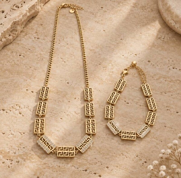 Conjunto de Collar y Pulsera con Diseño de Greca Griega