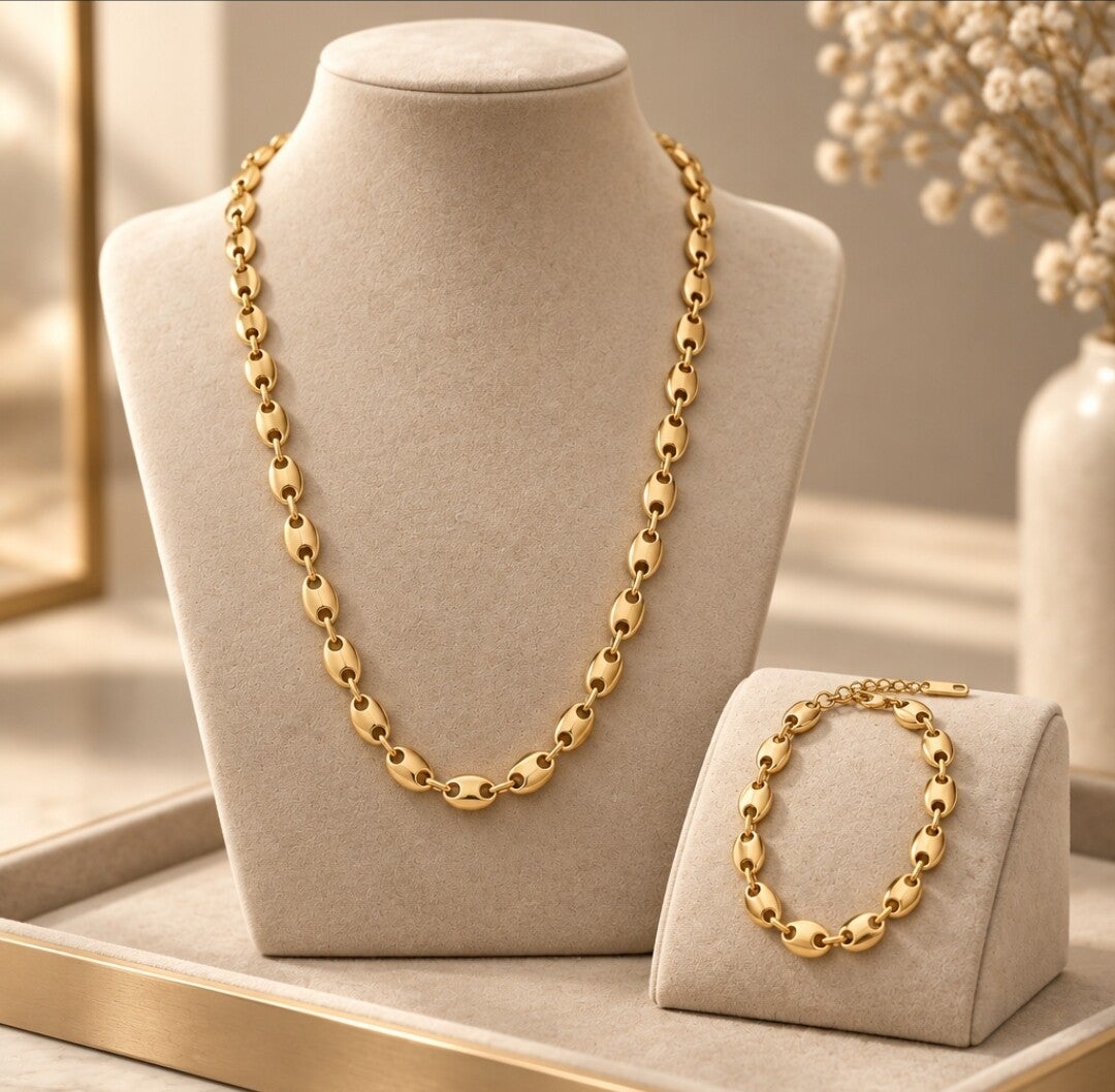 Conjunto de Cadena y Pulsera Grano de Café en Acero 316L Chapado en Oro 18K