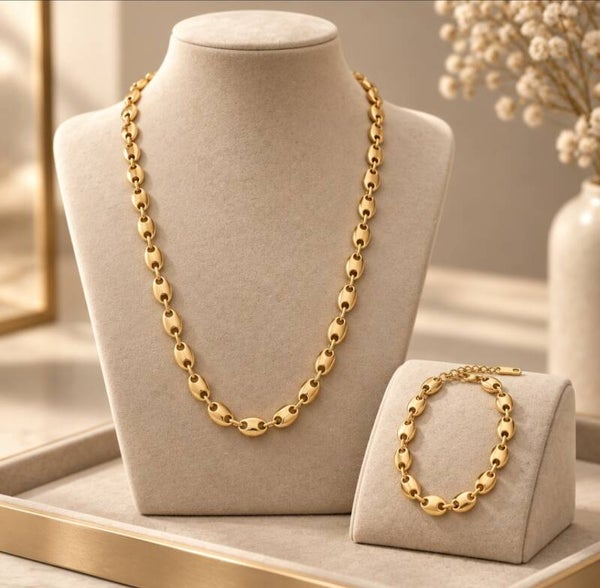 Conjunto de Cadena y Pulsera Grano de Café en Acero 316L Chapado en Oro 18K