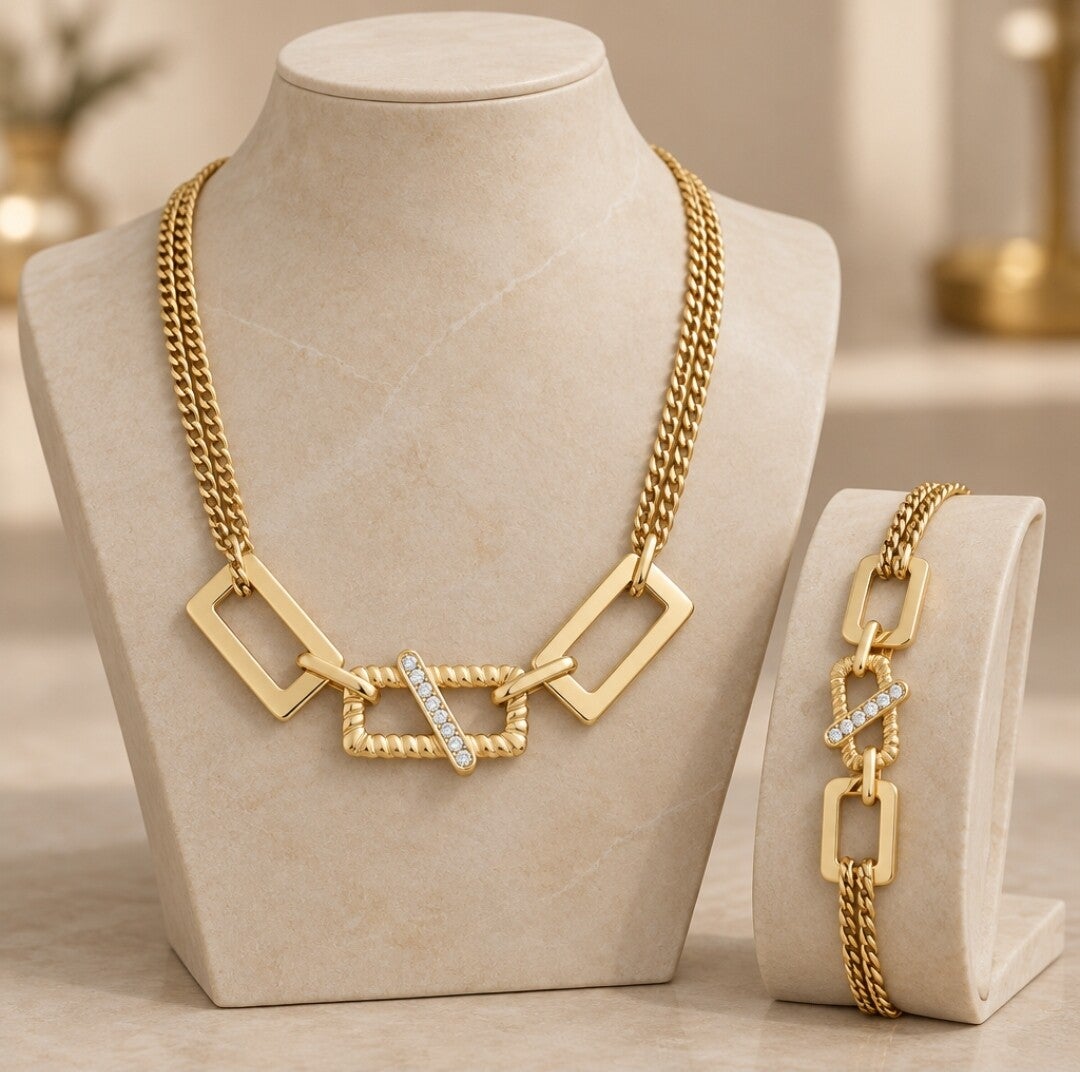 Conjunto "Elegancia Geométrica" de Collar y Pulsera – Acero 316L y Oro 18K