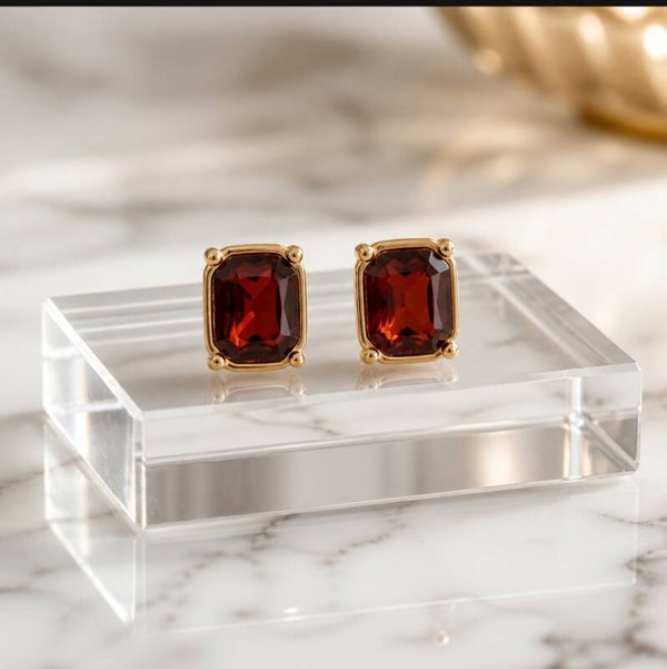 Pendientes de Botón Piedra Ámbar Rectangularen Acero Quirúrgico Chapado en Oro 18K