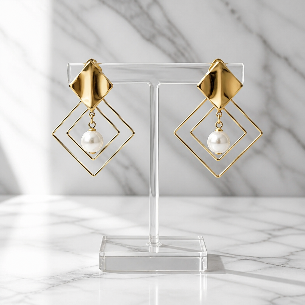 Pendientes Geométricos Luxury Oro 18K con Perlas