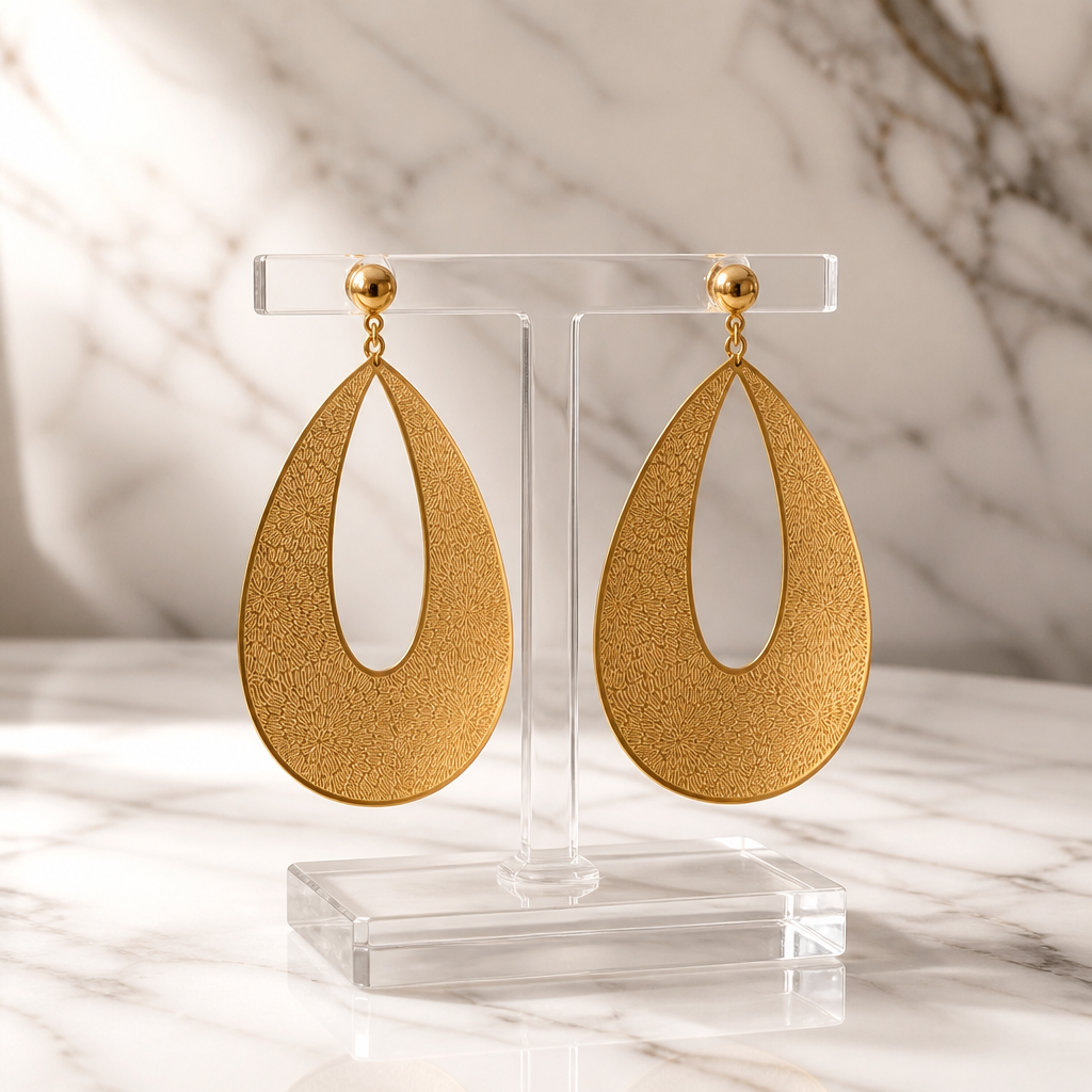 Pendientes Gota Labrada acero 316L-Oro 18Klt