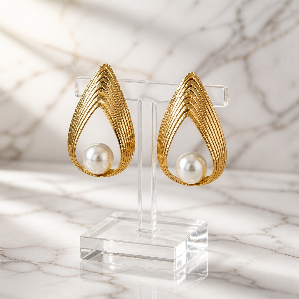 Pendientes Gota Texturizada con Perla – Acero Quirúrgico Chapado en Oro 18K