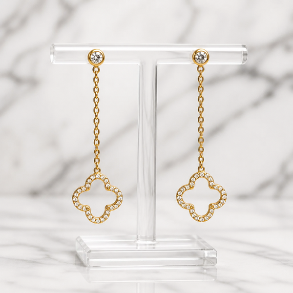 Pendientes Largos Clover Glitz – Acero Quirúrgico y Oro 18K
