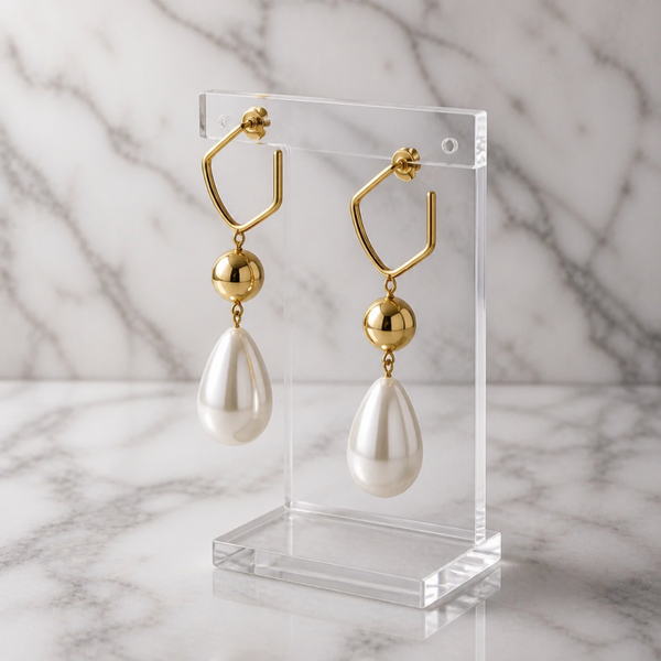 Pendientes Neo-Barrocos de Perla Lágrima y Esfera Dorada
