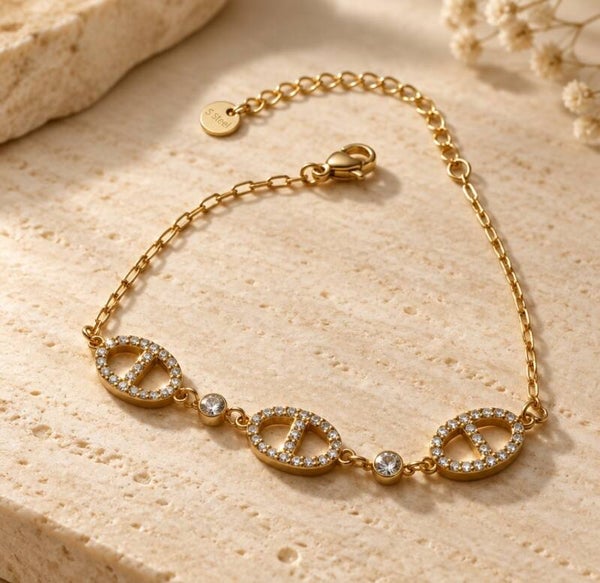 Pulsera Ancla Full Brillante – Tres Motivos Calabrote en Pavé y Chatones en Acero Quirúrgico y Oro 18Klt