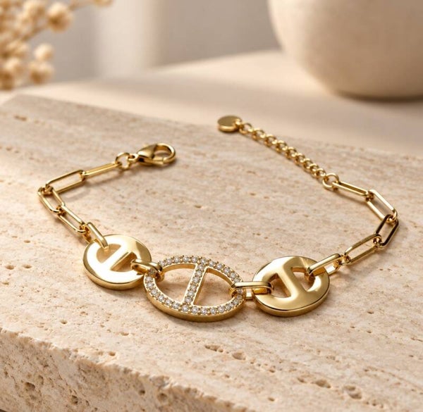 Pulsera Ancla Shackle Luxury Eslabones Alargados y Motivo Calabrote en Acero Quirúrgico y Oro 18Klt