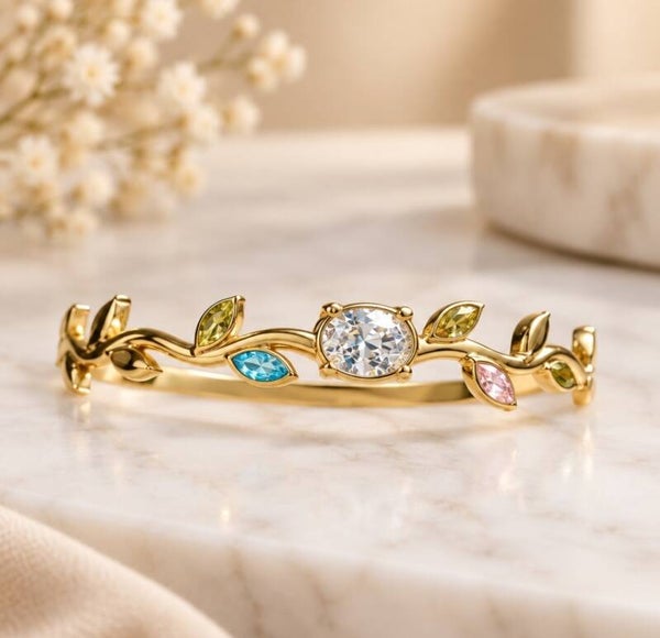 Pulsera Rígida Grecian Olive Luxury – Brazalete de Hojas en Acero Quirúrgico y Oro 18Klt