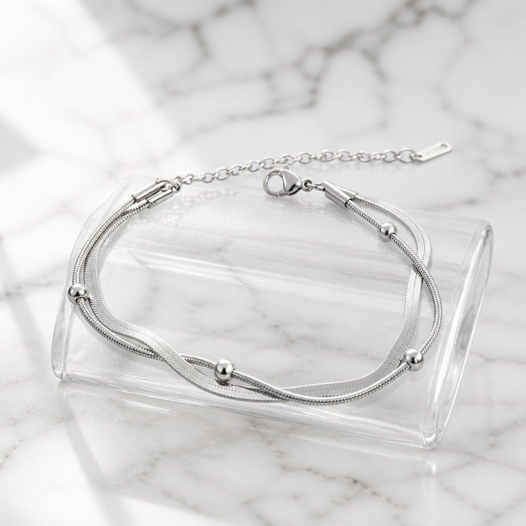 Pulsera Multicapa de Cadena Plana y Esferas – Acero 316L