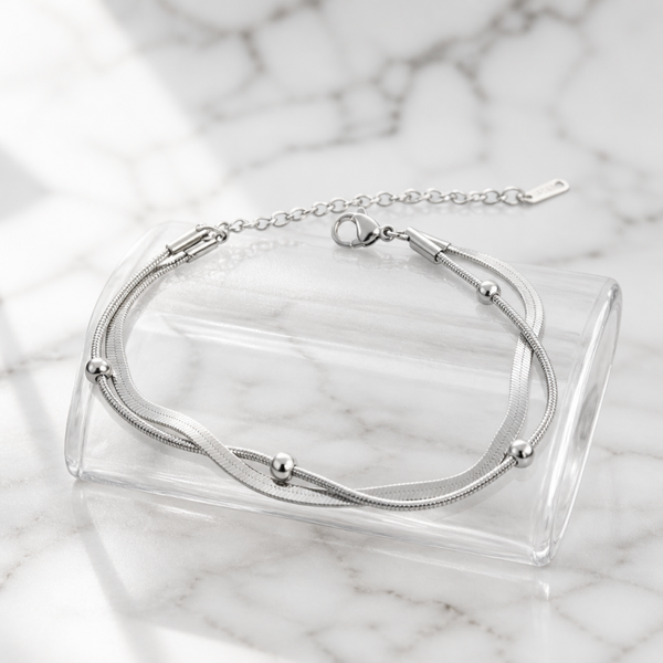 Pulsera Multicapa de Cadena Plana y Esferas – Acero 316L