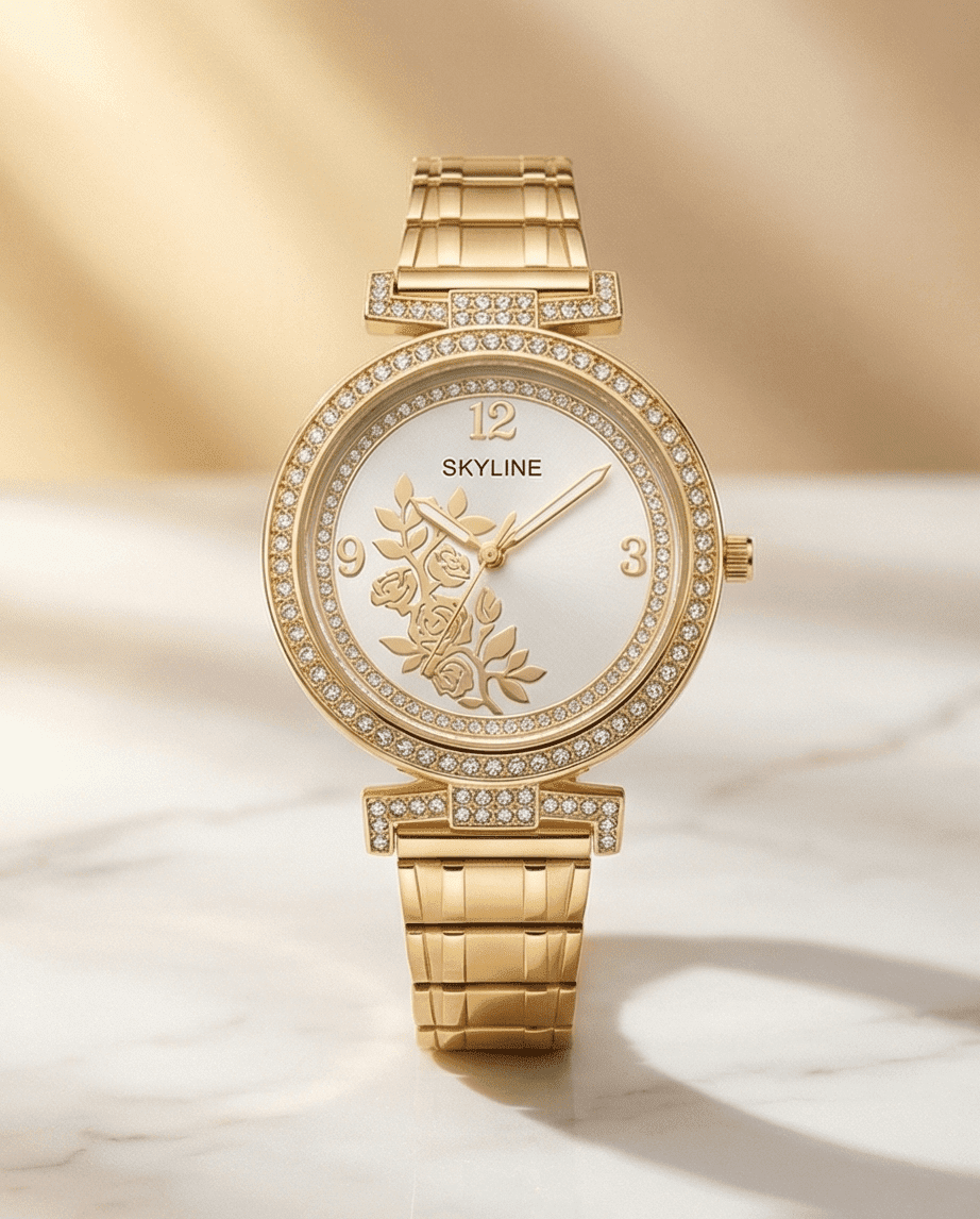 Reloj de Mujer SKYLINE Dorado con Circonitas y Rosas | Acero Inoxidable