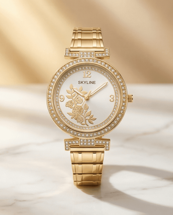 Reloj de Mujer SKYLINE Dorado con Circonitas y Rosas | Acero Inoxidable