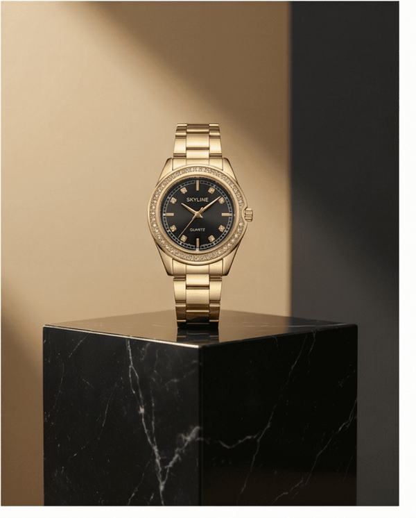 Reloj de Mujer SKYLINE Dorado con Esfera Negra y Circonitas | Acero Inoxidable