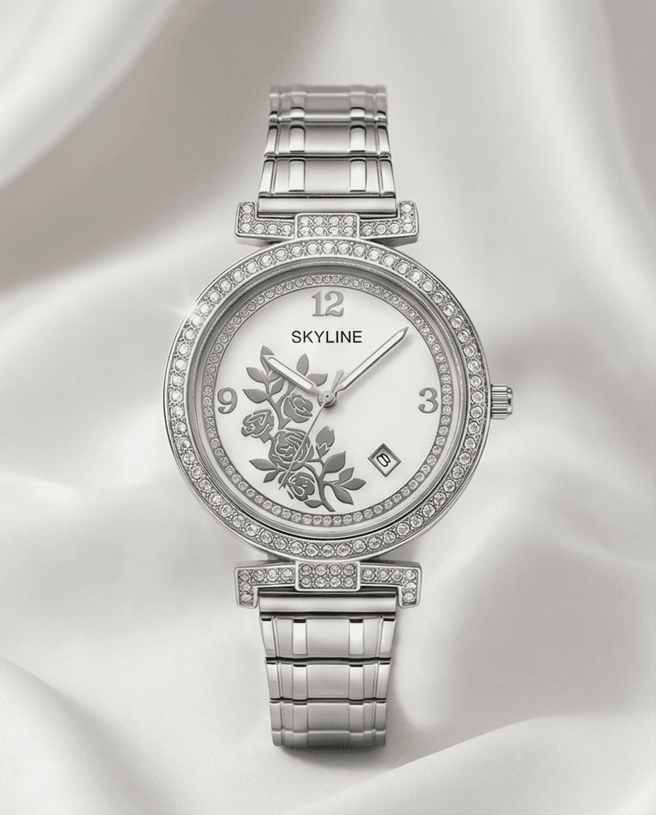Reloj de Mujer SKYLINE Plateado con Circonitas y Rosas | Acero Inoxidable